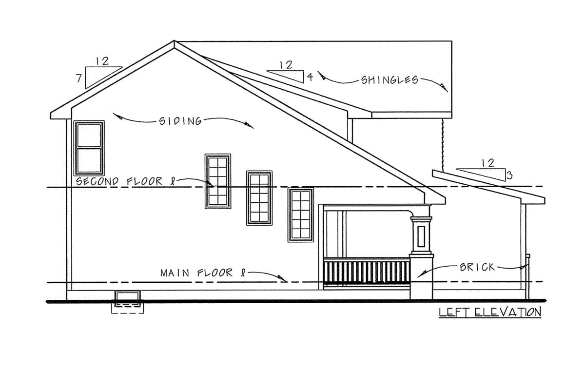 Left elevation house plan showing siding, brick, a covered porch, and roofline details.