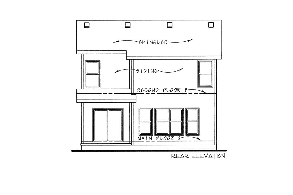 Rear elevation drawing of a two-story house plan with siding and roof shingles shown.