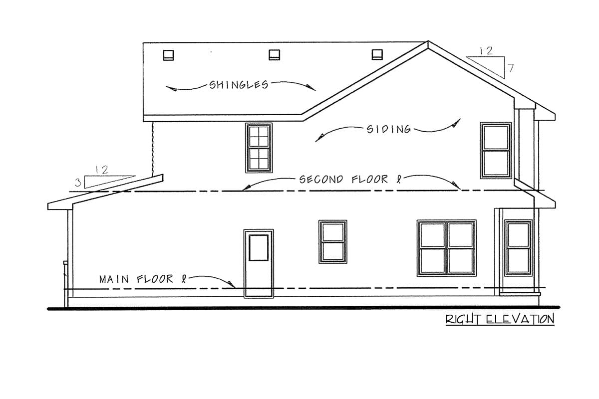 Right elevation of a two-story house plan. Features include a pitched roof with shingles, siding, and multiple windows.