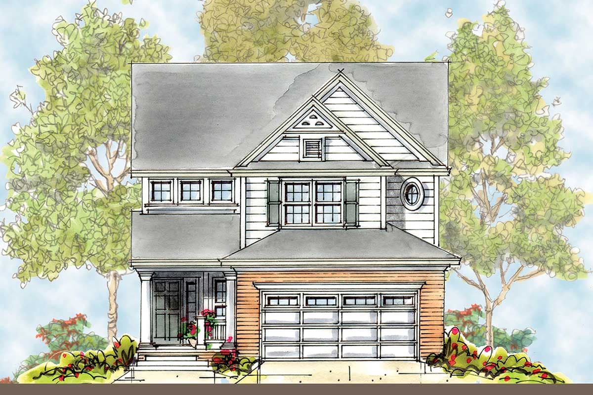 House plan exterior: two-story home with gabled dormer, covered porch, side-facing garage, and decorative window.