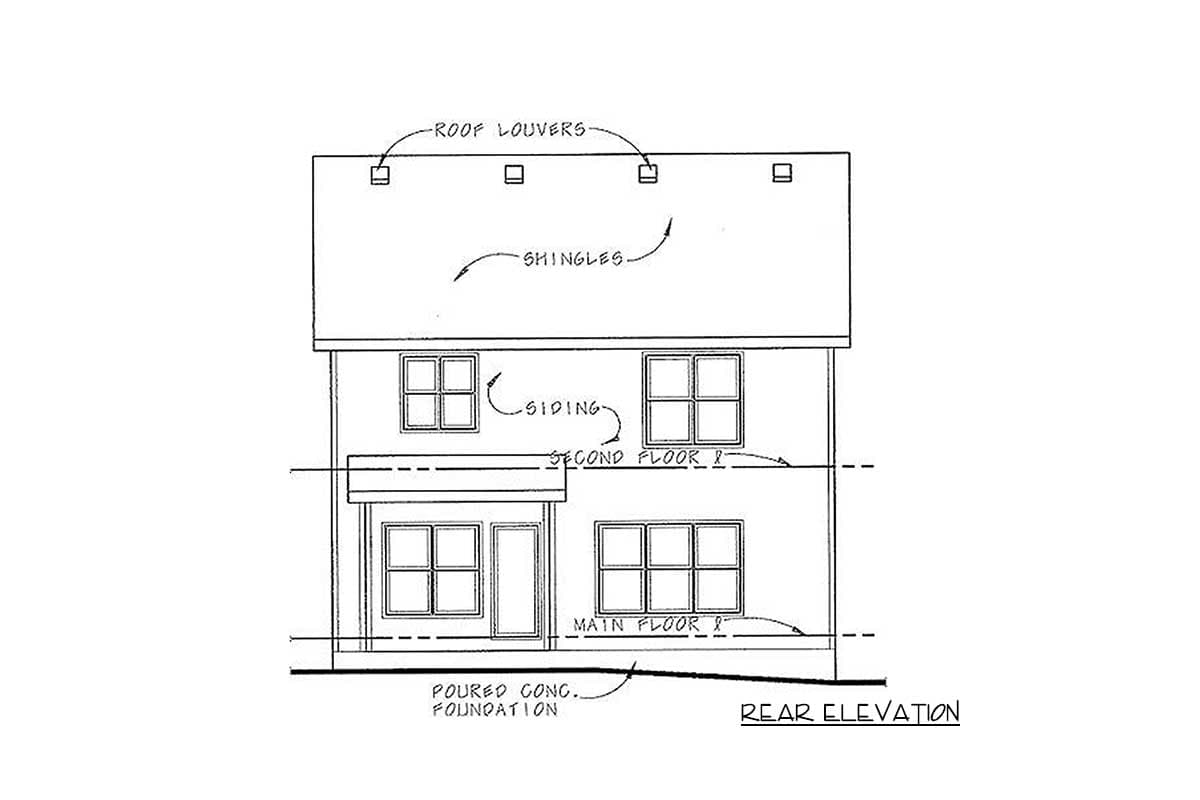 Rear elevation drawing of a two-story house with siding, roof louvers, and a poured concrete foundation.