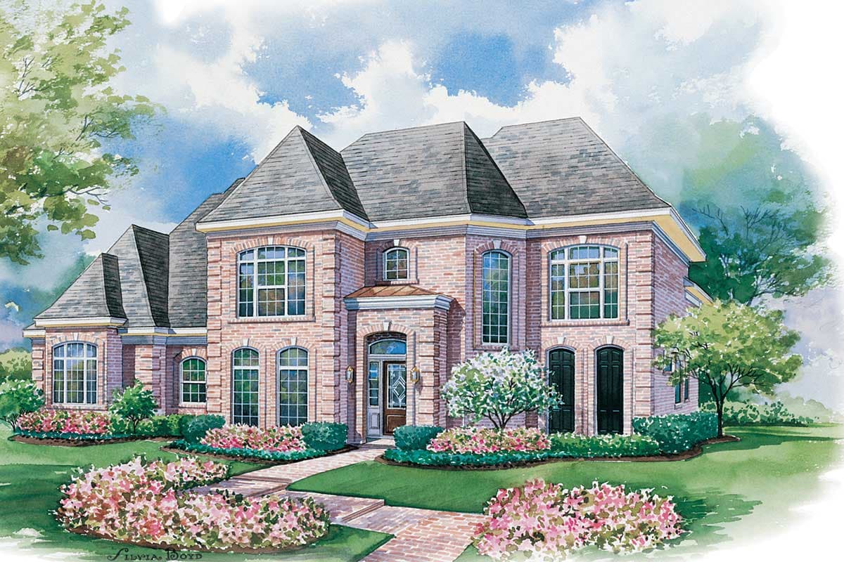 House plan exterior of a two-story brick home with arched windows, multi-level gables, and a centered entry with a covered portico.