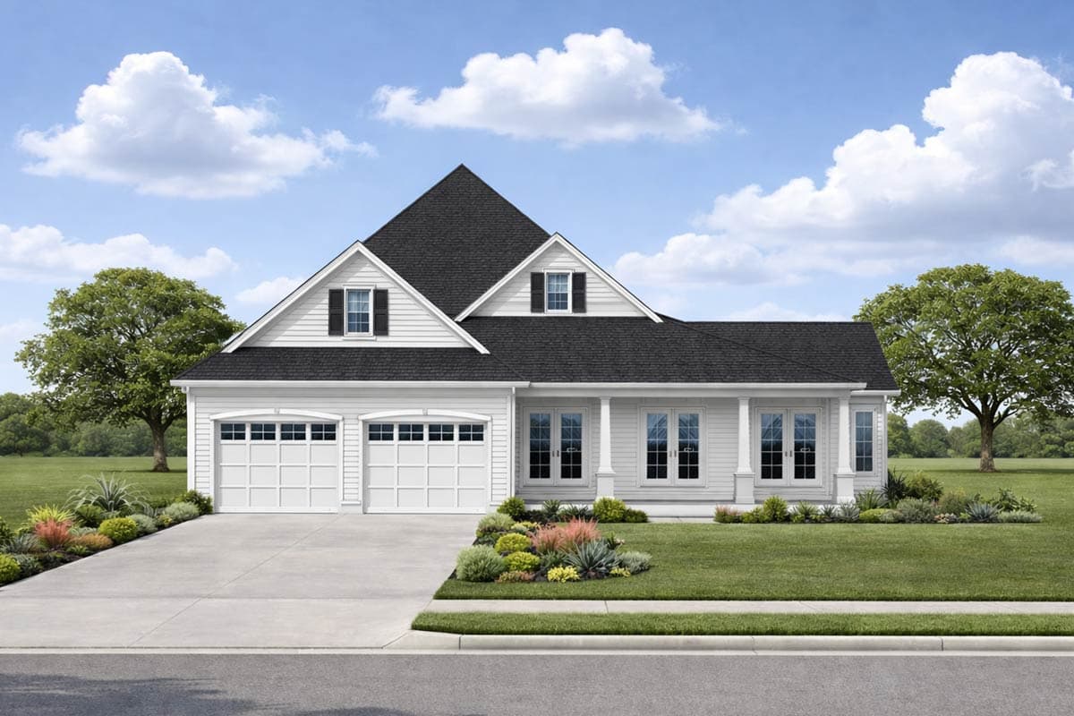 House plan exterior: Modern Farmhouse style, one-story home with a prominent gable, dual garage doors, and a covered front porch.