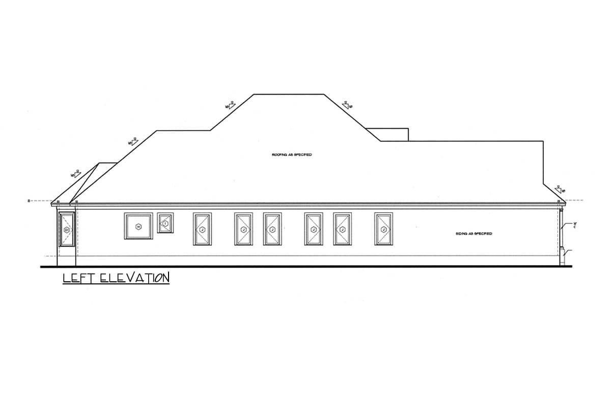 Left elevation drawing of a house plan showing a complex roofline with multiple gables and several windows.