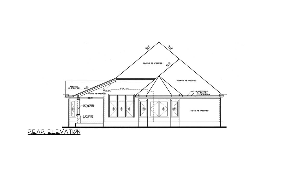 Rear elevation house plan drawing showing pitched rooflines, tapered columns, and multiple window configurations.
