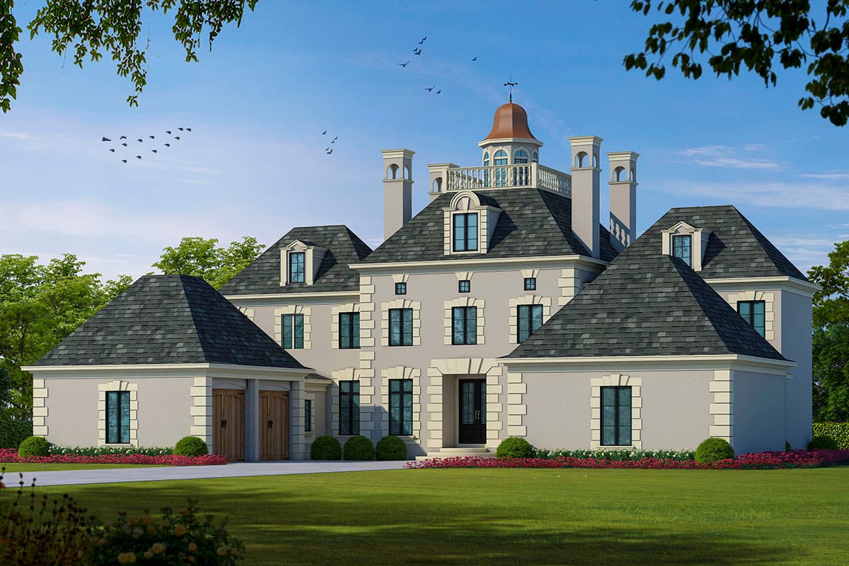 House plan exterior: French Provincial style, two stories, mansard roof, quoins, paired chimneys, and a central cupola.