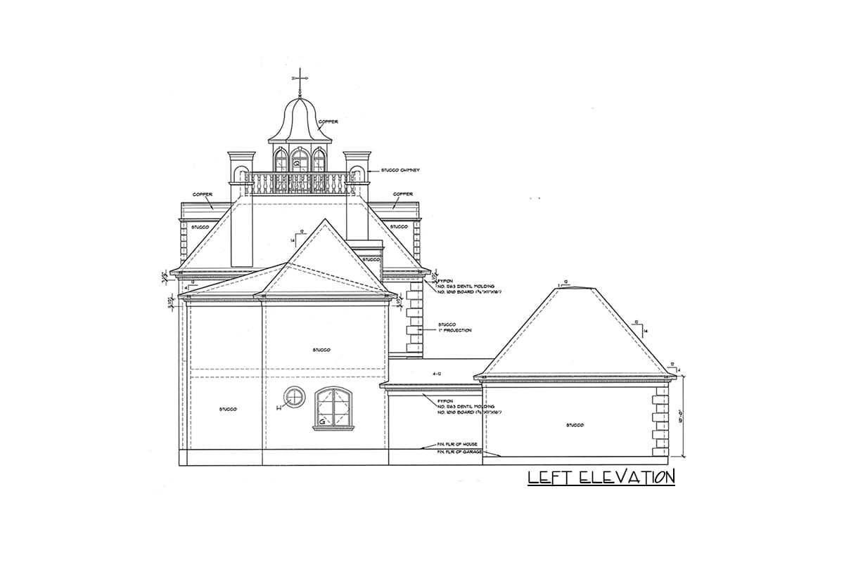 Architectural drawing of a house plan's left elevation, featuring stucco walls, gables, and a cupola.