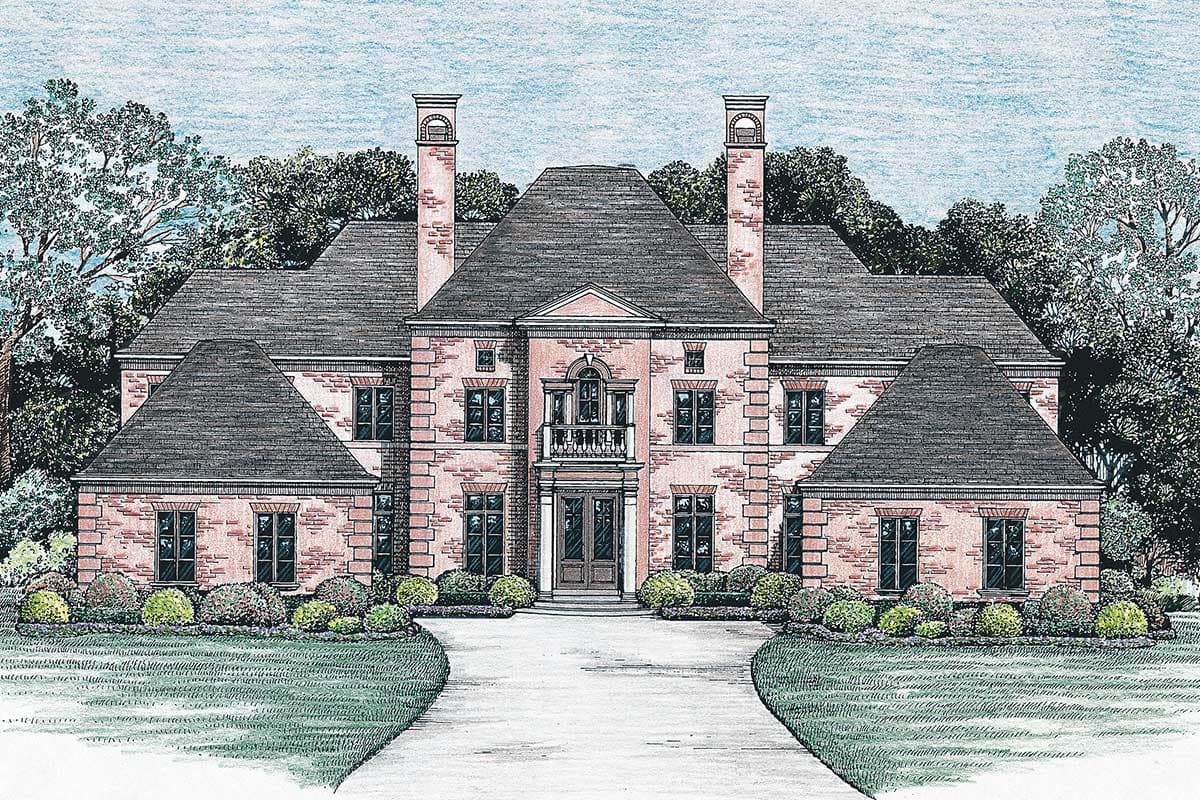 House plan exterior rendering of a large, symmetrical brick home with multiple gables, two chimneys, and a central balcony.