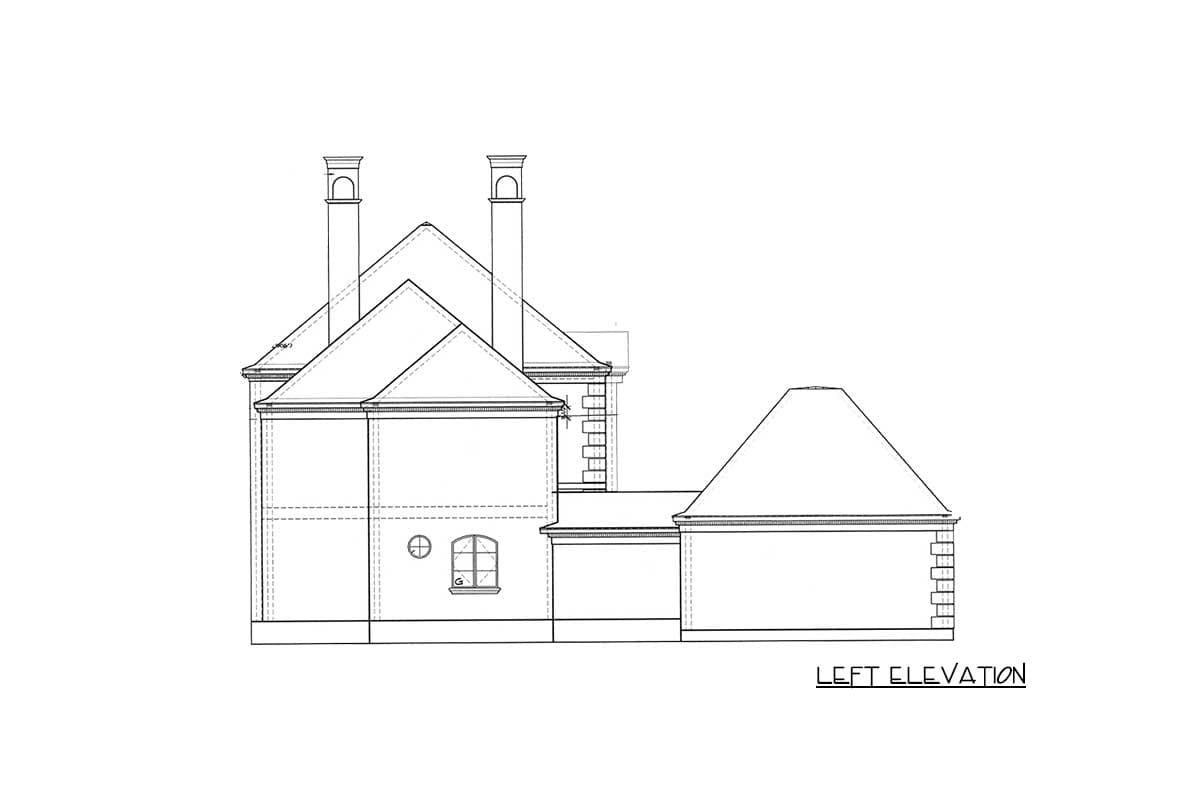 Left elevation drawing of a house plan with two prominent chimneys, multiple gables, and a mansard roof section.