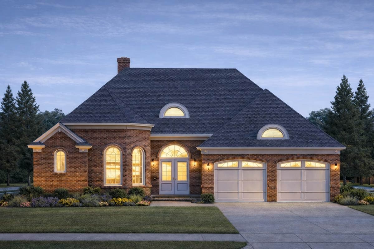 House plan exterior: Brick ranch with arched windows, prominent dormers, and a three-car garage.