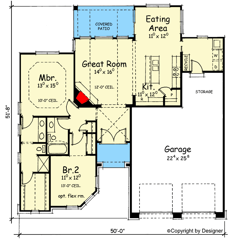 Plan 41997DB: Charming European Style House Plan with 2 Beds and 659 Sq Ft Garage - Floor Plan - Main Level - European, Southern, Traditional