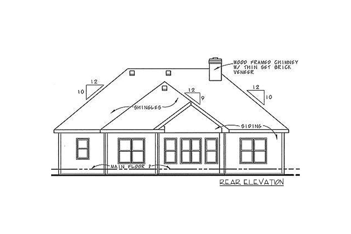 Rear elevation drawing of a house plan with gabled roof, dormers, wood framed chimney with brick veneer, and siding.