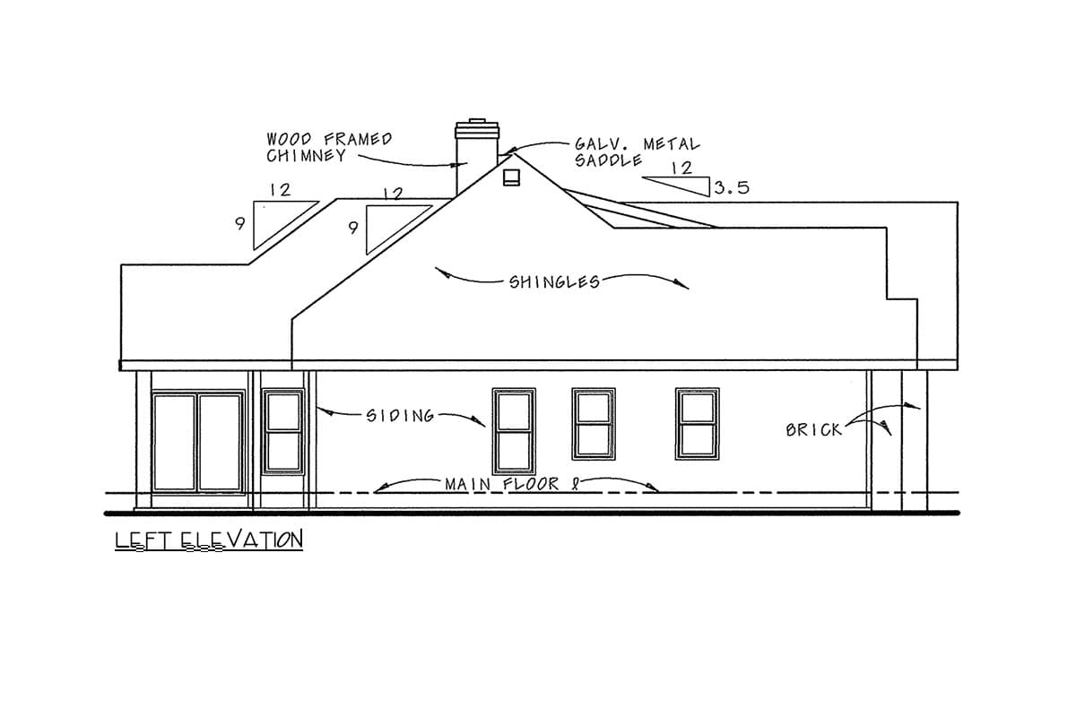 Left elevation drawing of a house plan with siding, brick, a wood-framed chimney, and multiple rooflines.