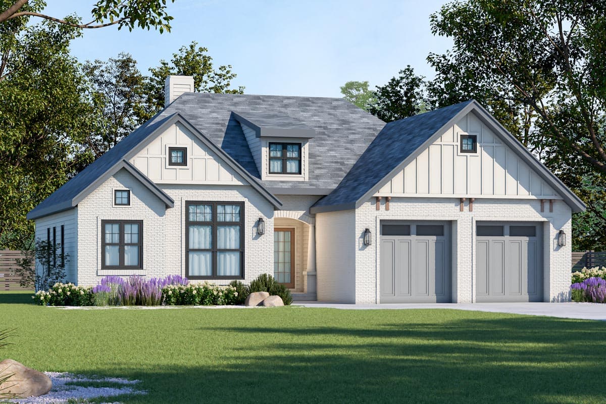 Modern Farmhouse house plan exterior. White brick, two-story, dual garage, dormer, decorative gables, and prominent rooflines.