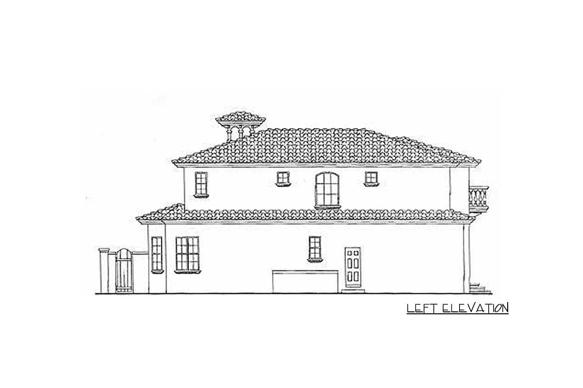 Left elevation house plan drawing featuring a tile roof, multiple windows, and a balcony.