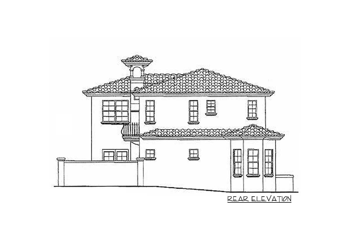 Rear elevation house plan shows a two-story house with a tile roof, a cupola, and a small balcony.
