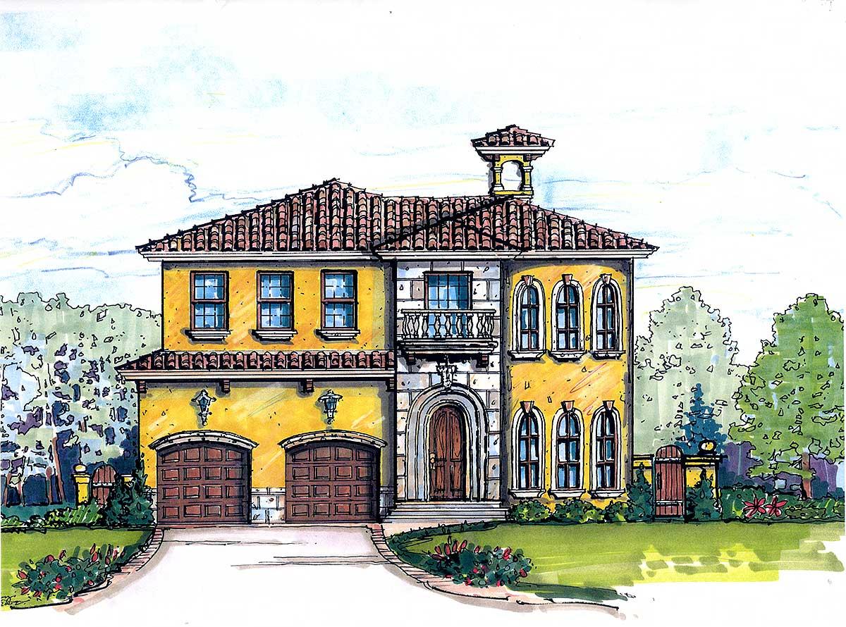 House plan exterior: Italianate style, two stories, arched windows, balcony, arched entryway, and a double garage.