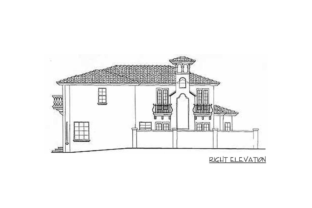 Right elevation drawing of a two-story house with a tile roof, balconies, and arched entryway.