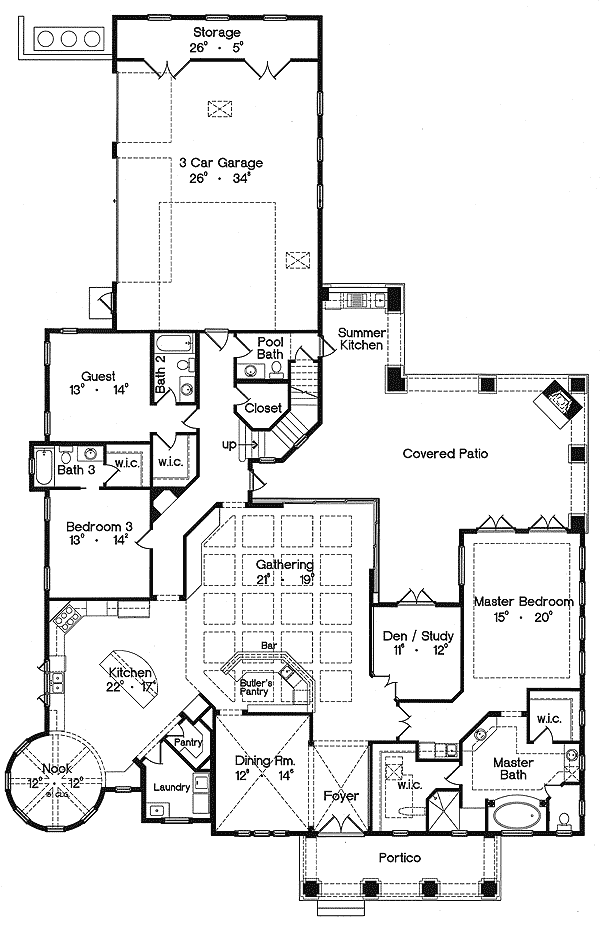 Plan 42009MJ: Mediterranean Style House Plan with 4 Bedrooms and a 3-Car Garage - 4280 Sq Ft - Floor Plan - Main Level - Florida-Style, Mediterranean
