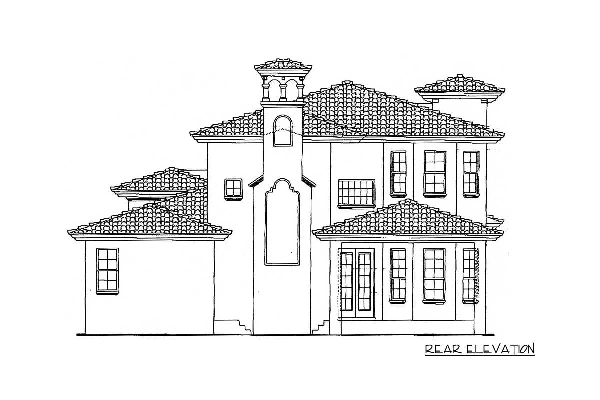 Rear elevation drawing of a multi-story house with a red tile roof, arched windows, and a prominent central tower.