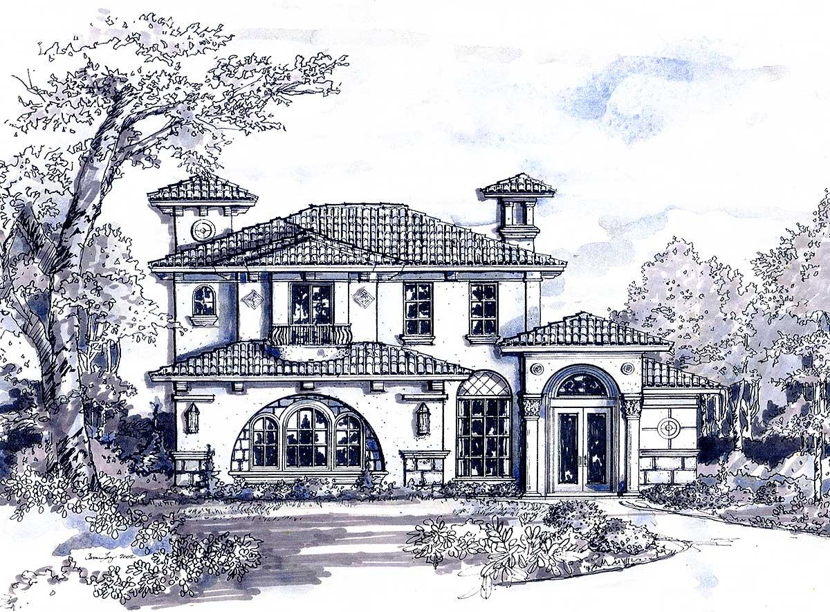 House plan exterior: Two-story Mediterranean style with arched windows, balustrade balcony, and red tile roof.