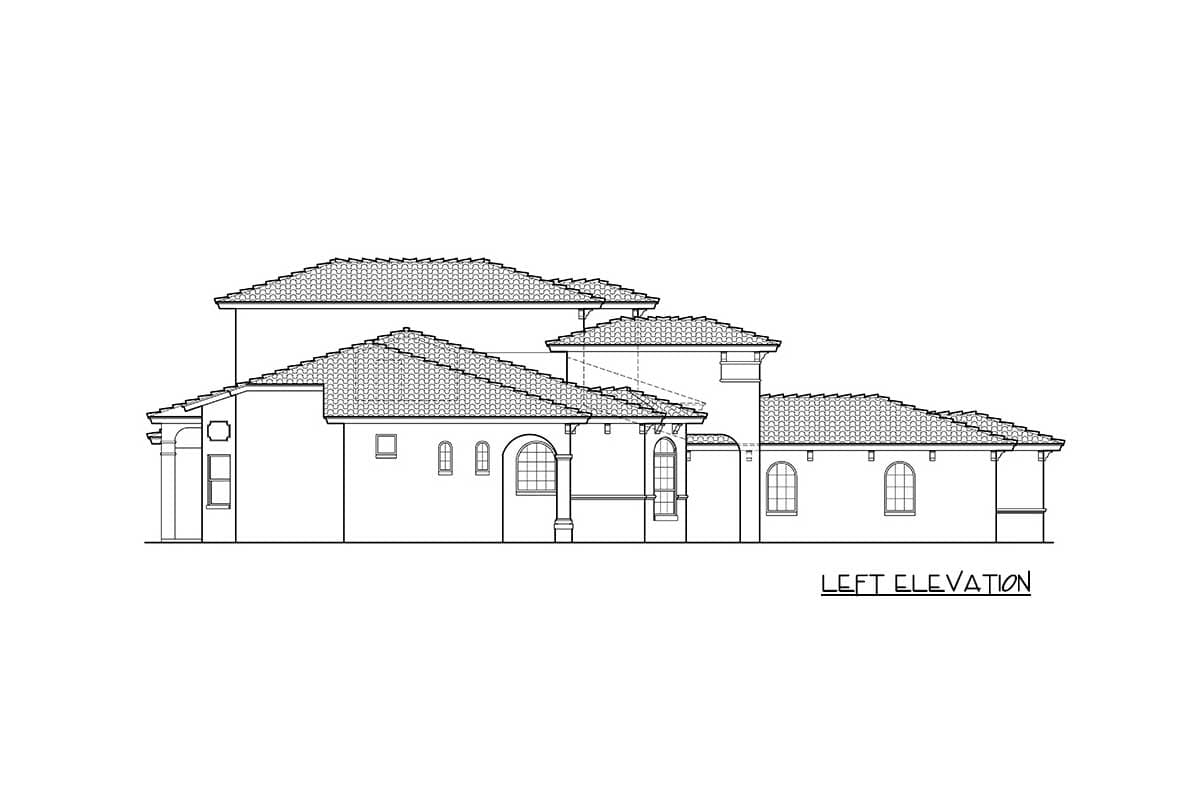 Left elevation drawing of a multi-story house with tile roofs, arched windows, and a covered entryway.
