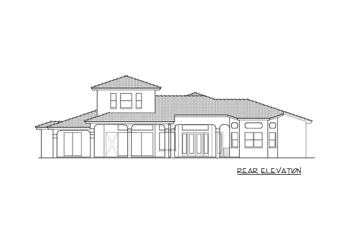Rear elevation house plan drawing showing a two-story section with three windows, covered patios with arched openings, and large glass doors.