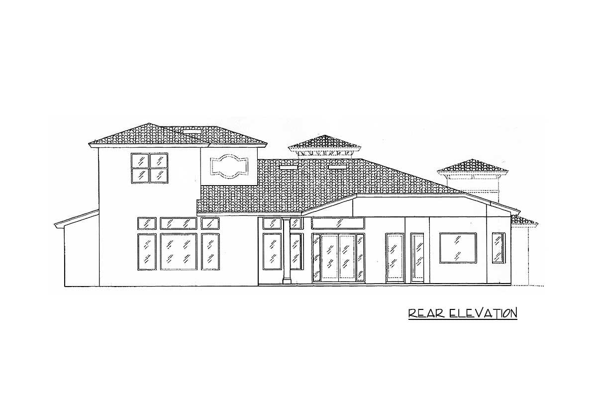 Rear elevation drawing of a two-story house with a tiled hip roof, multiple gables, and numerous windows.