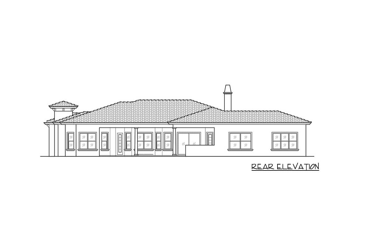 Rear elevation of a single-story house plan with a tiled roof, prominent chimney, and numerous windows.