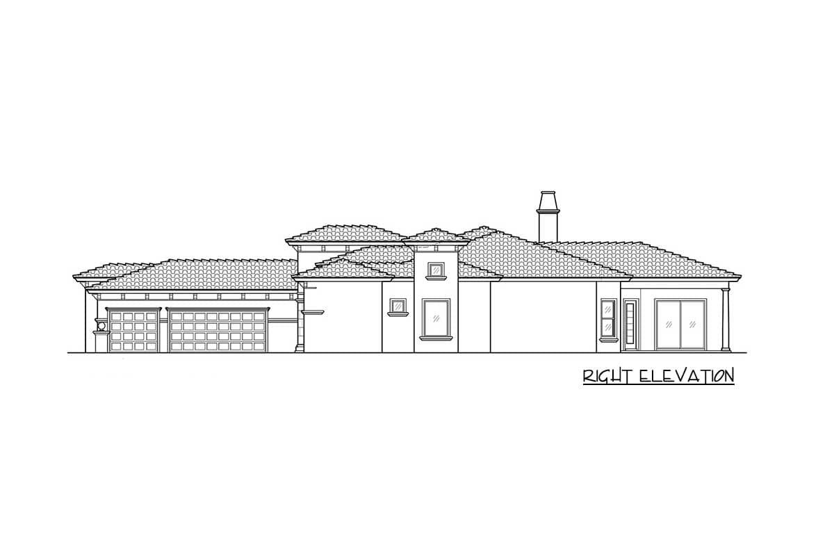 Right elevation drawing of a single-story house plan with a multi-panel garage door, multiple gables, and a tiled roof.