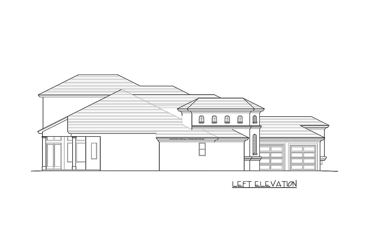 Left elevation house plan showing a multi-level roof, arched dormers, and a three-car garage.