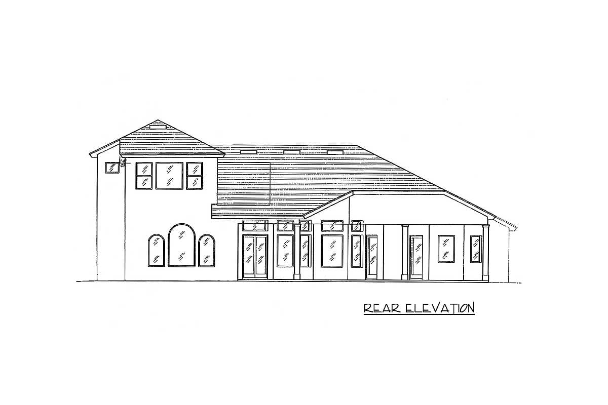 Rear elevation house plan showing a multi-level roofline, varied window styles including arched and rectangular, and a covered porch area.