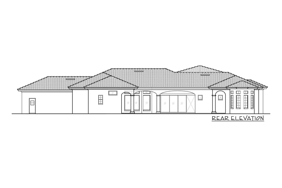 Rear elevation of a single-story house plan with a multi-pitched roof, central double doors, and large glass doors.