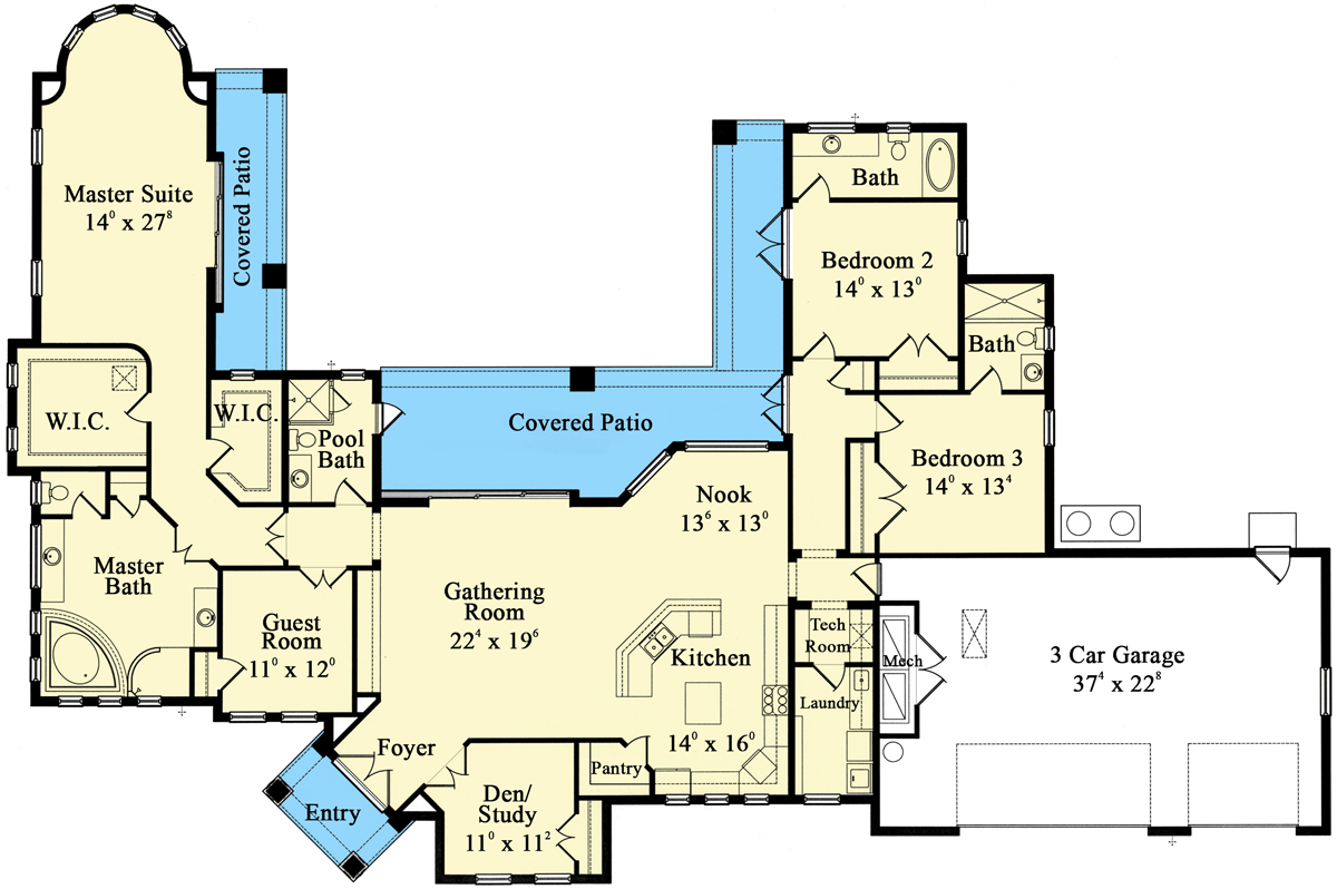 Plan 42064MJ: Unique Angled Entry - Floor Plan - Main Level - Florida-Style, Mediterranean, Spanish