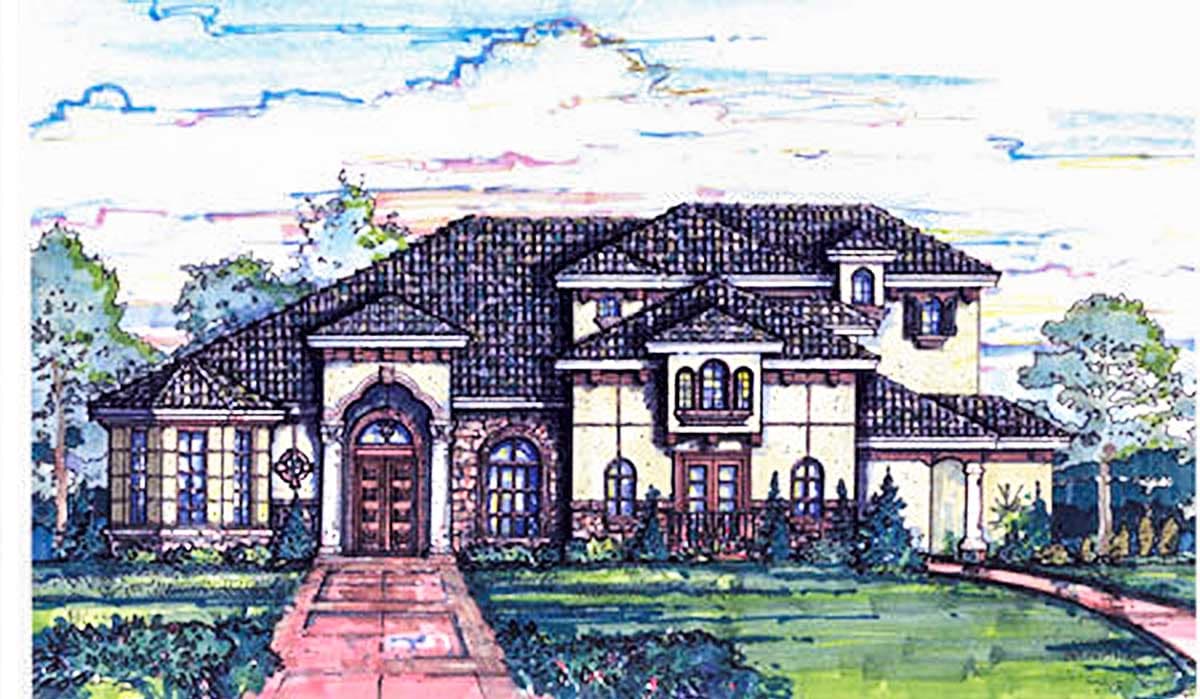 House plan exterior: Mediterranean style, two stories, arched entryway, tile roof, multiple gables, and dormer windows.
