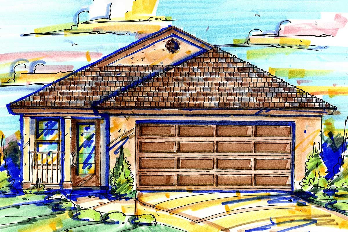 House plan exterior: one-story home with attached garage, prominent gabled roof, and covered front entry.