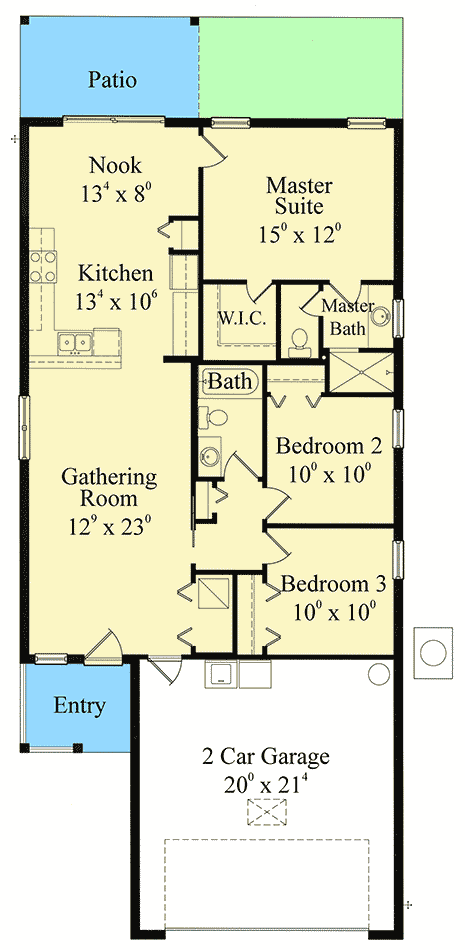 Plan 42089MJ: Narrow Lot 3-Bed House Plan with Front-to-Back Entertaining - 1278 Sq Ft - Floor Plan - Main Level - Florida-Style, Mediterranean