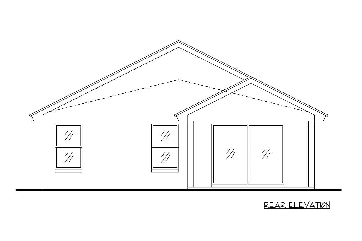 Rear elevation drawing of a one-story house with a gable roof, two windows, and a sliding glass door.