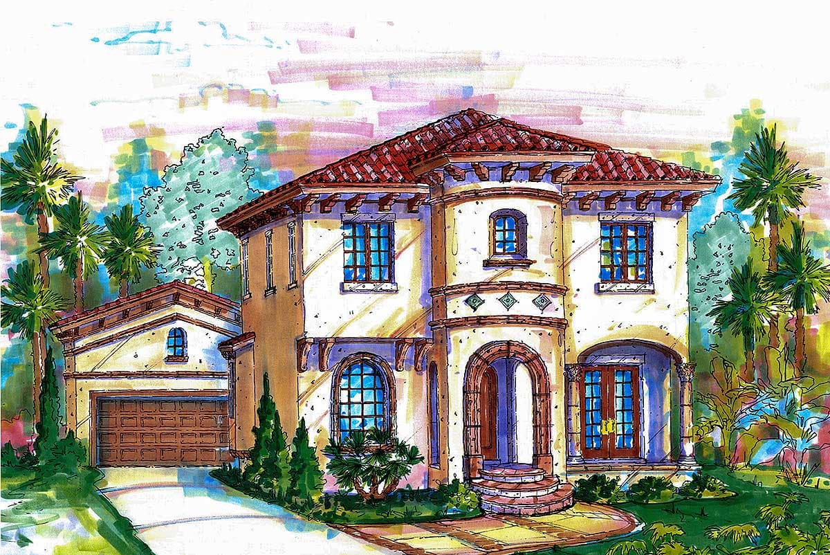 House plan exterior: Mediterranean style, two stories, arched entry, red tile roof, stucco finish, attached garage.
