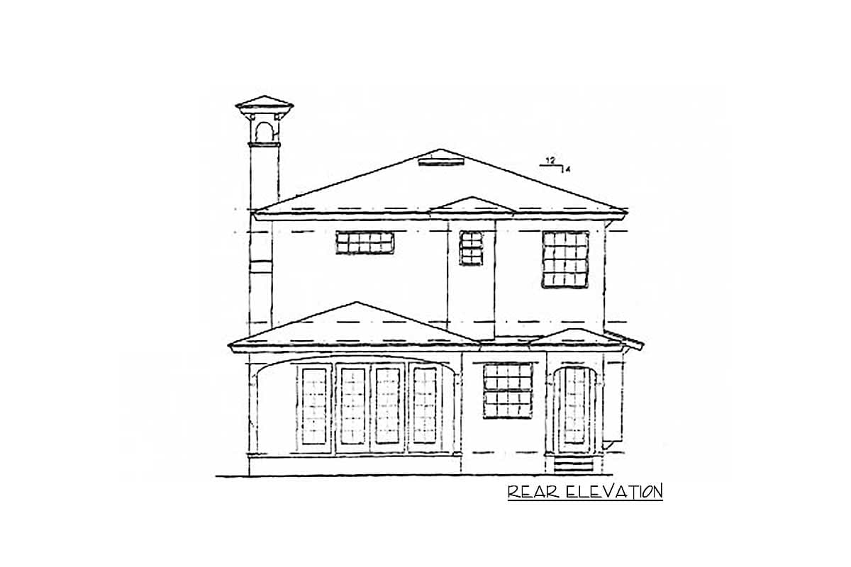 Rear elevation drawing of a two-story house plan featuring a prominent chimney, hipped roof, and covered porch with French doors.