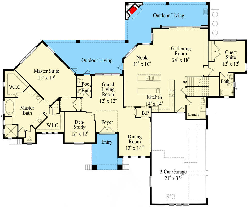 Plan 42099MJ: Mediterranean House Plan with 12-Foot Ceilings and a Spacious Second Floor Loft - 3757 Sq Ft - Floor Plan - Main Level - Coastal, Florida-Style, Mediterranean, Spanish