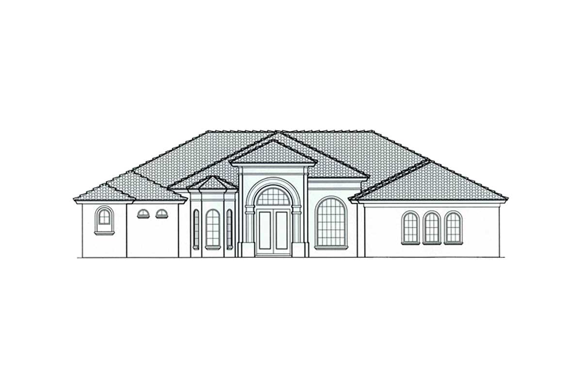 House plan exterior drawing of a single-story home with a tile roof, central arched entry, and multiple arched windows.