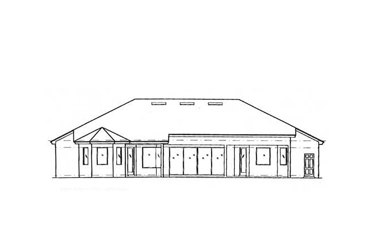 House plan exterior drawing: one-story, hip roof, front door with sidelights, multiple windows, and a central glass door system.