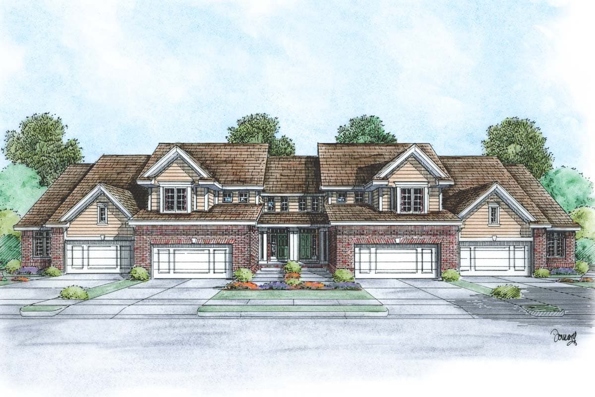 House plan exterior of a two-story townhome with brick accents, multiple gables, dormers, and attached garages.