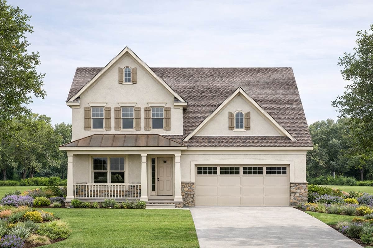 House plan exterior: two-story home with gabled dormers, front porch with columns, and attached garage.