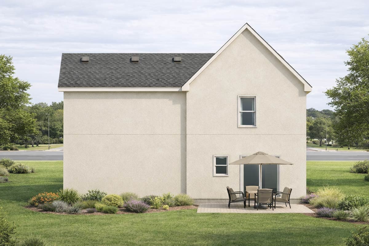 Two-story house plan exterior with gabled dormer, covered front porch with white railings, and attached garage.