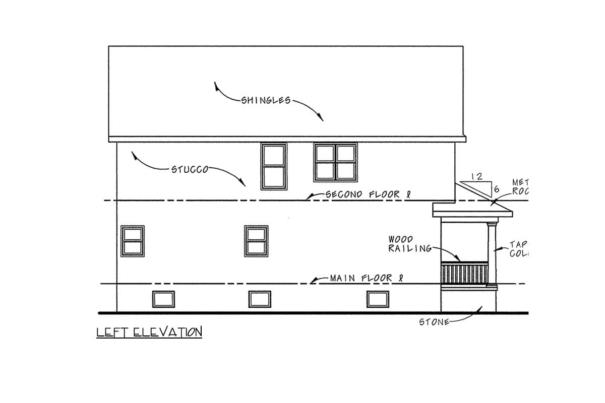 House plan elevation drawing showing the rear elevation with a gable roof, two stories, and windows.