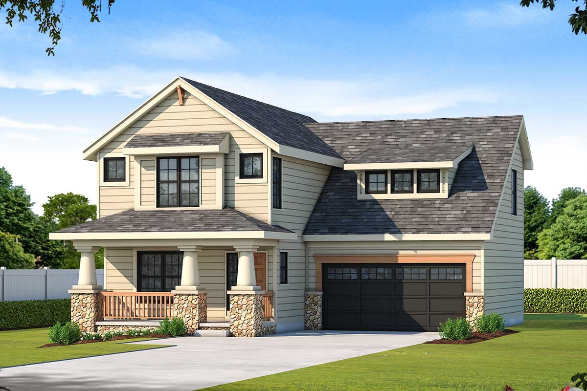 House plan exterior: Two-story modern farmhouse with covered front porch, stone accents, dormer windows, and attached garage.