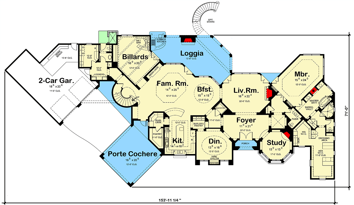 Plan 42158DB: Tuscan Villa with Opulent Master Suite - Floor Plan - Main Level - European, Mediterranean, Tuscan