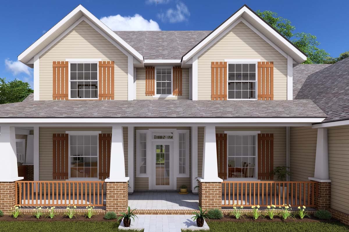 House plan exterior: two-story home with prominent front porch, multiple gables, and decorative wood shutters.